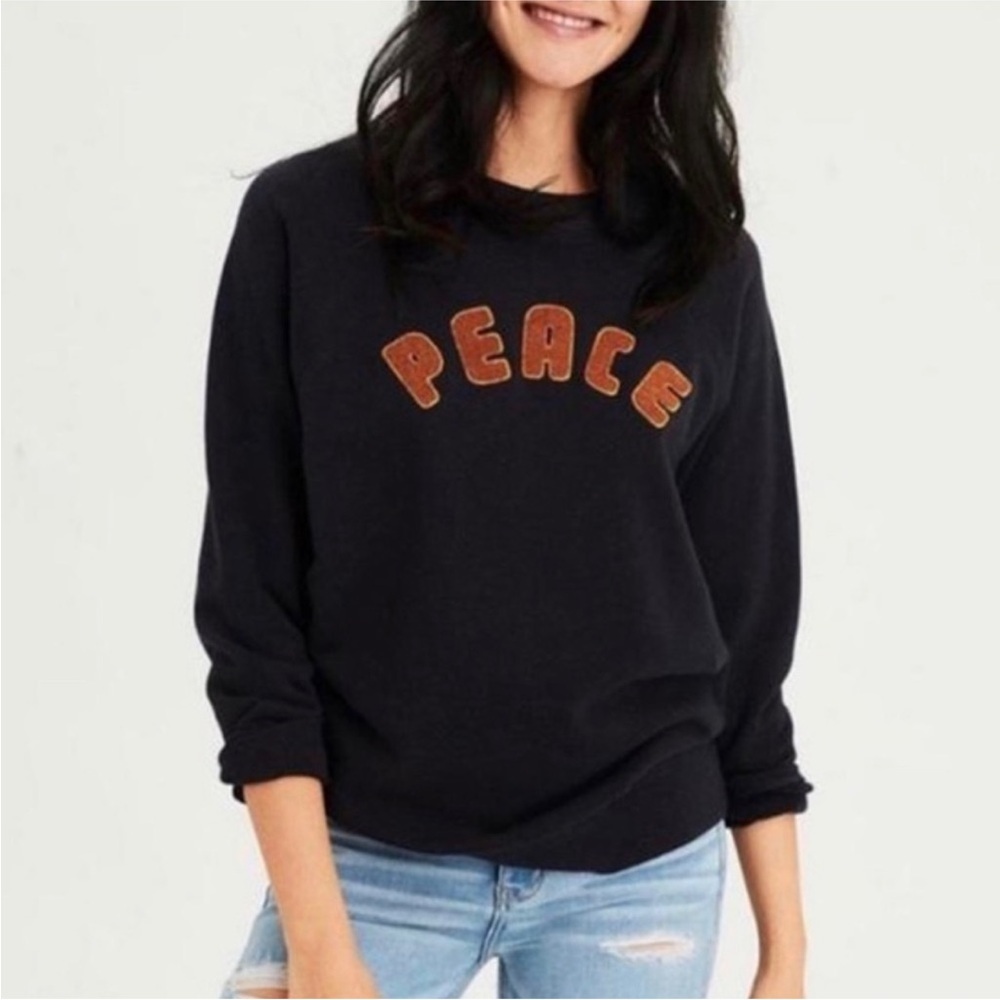 American Eagle Black & Orange Peace Crewneck Sweatshirt Size Medium Cotton - Picture 2 of 12